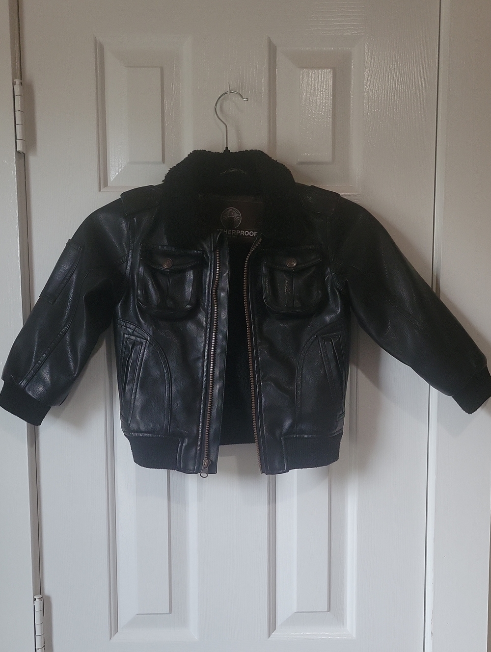 Weatherproof Kids Black Faux Leather Bomber Jacket with Sherpa Collar